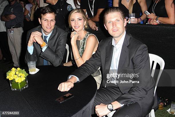 Jared Kushner, Ivanka Trump and Eric Trump attend the Carolina Herrera Fashion Show with GREY GOOSE Vodka at the Cadillac Championship at Trump...