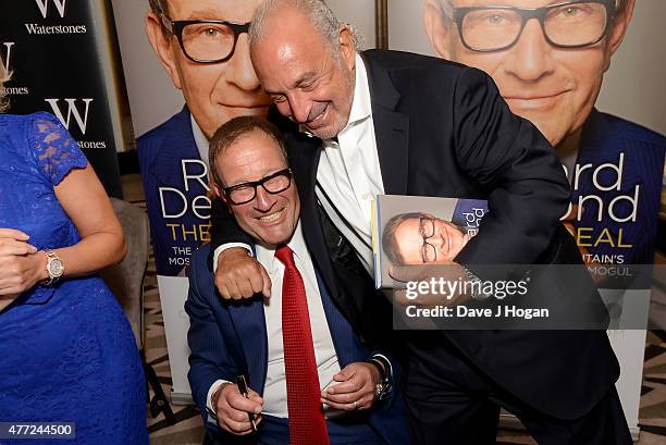 Richard Desmond and Sir Philip Green attend the book launch of Richard Desmond's 'The Real Deal' at Claridge's on June 15, 2015 in London, England.