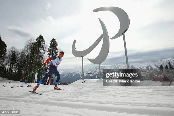 General view of the Paralympic agitos is seen as Oleg Ponomarev of Russia competes in the men's 7.5km visually impaired Biathlon during day one of...