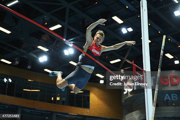 Pascal Behrenbruch of Germany competes in the Heptathlon Pole Vault during day two of the IAAF World Indoor Championships at Ergo Arena on March 8,...