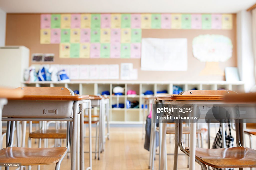 Japanese school classroom, traditional wooden desks and chairs, pigeon holes