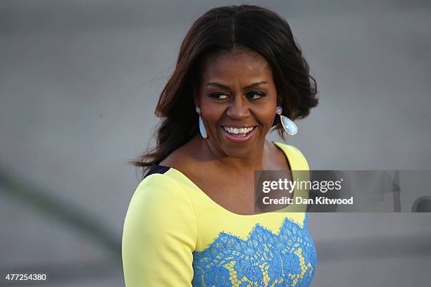 First Lady Michelle Obama arrives at Stanstead airport for a visit to London on June 15, 2015 in London, England. The First Lady is travelling to...