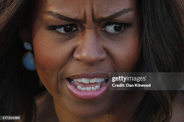 First Lady Michelle Obama arrives at Stanstead airport for a visit to London on June 15, 2015 in London, England. The First Lady is travelling to...