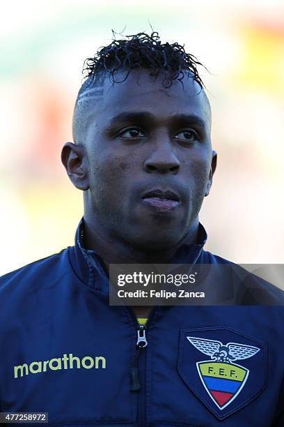 Miller Bolanos of Ecuador looks on during the national anthem ceremony prior the 2015 Copa America Chile Group A match between Ecuador and Bolivia at...