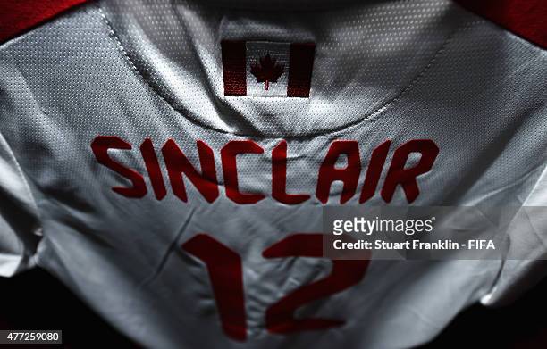 The shirt of Christine Sinclair hangs in the dressing room of Canada prior to the FIFA Women's World Cup Group A match between Netherlands and Canada...