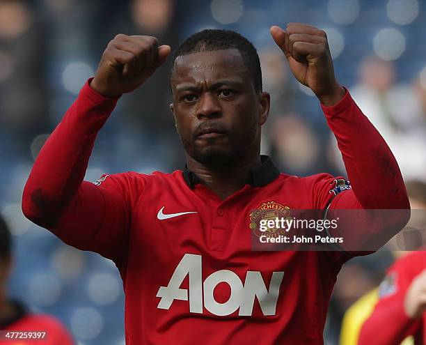 Patrice Evra of Manchester United celebrates after the Barclays Premier League match between West Bromwich Albion and Manchester United at The...