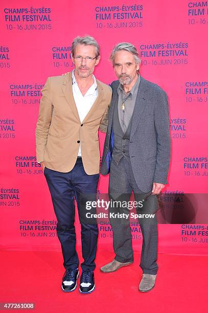 Lambert Wilson and Jeremy Irons attends the 'Une famille a louer' Premiere during the 4th Champs Elysees Film Festival at Publicis Cinemas on June...