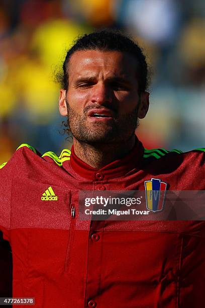 Oswaldo Vizcarrondo of Venezuela looks on during the national anthem ceremony prior the 2015 Copa America Chile Group C match between Colombia and...