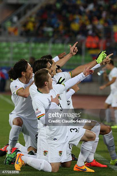 Marcelo Moreno Martins of Bolivia celebrates with teammates after scoring the third goal of his team through a penalty kick during the 2015 Copa...