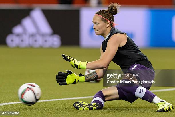 Goalkeeper Erin McLeod of Canada warms up during the 2015 FIFA Women's World Cup Group A match against the Netherlands at Olympic Stadium on June 15,...