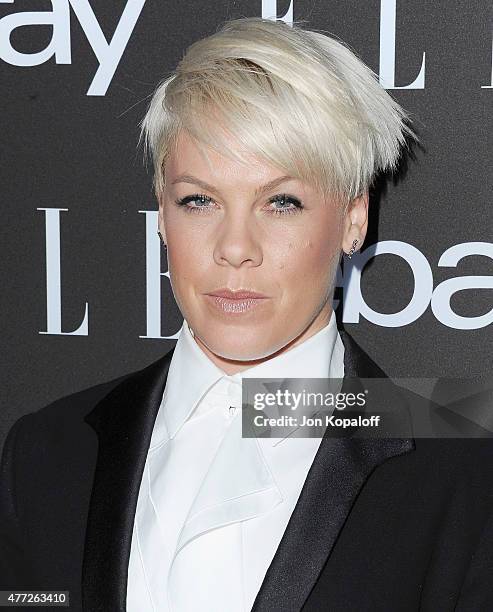 Singer Pink arrives at the 6th Annual ELLE Women In Music Celebration Presented by eBay at Boulevard3 on May 20, 2015 in Hollywood, California.