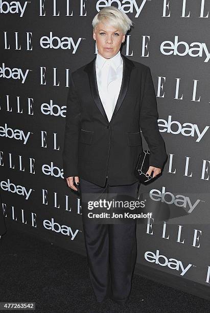 Singer Pink arrives at the 6th Annual ELLE Women In Music Celebration Presented by eBay at Boulevard3 on May 20, 2015 in Hollywood, California.