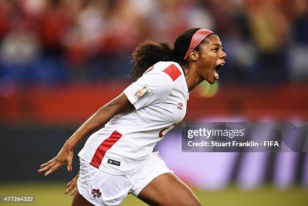 Ashley Lawrence of Canada celebrates scoring her goal during the FIFA Women's World Cup Group A match between Netherlands and Canada at Olympic...