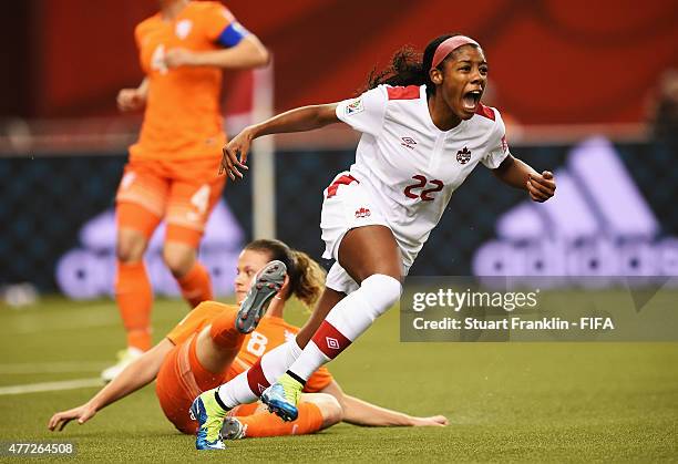 Ashley Lawrence of Canada celebrates scoring her goal during the FIFA Women's World Cup Group A match between Netherlands and Canada at Olympic...