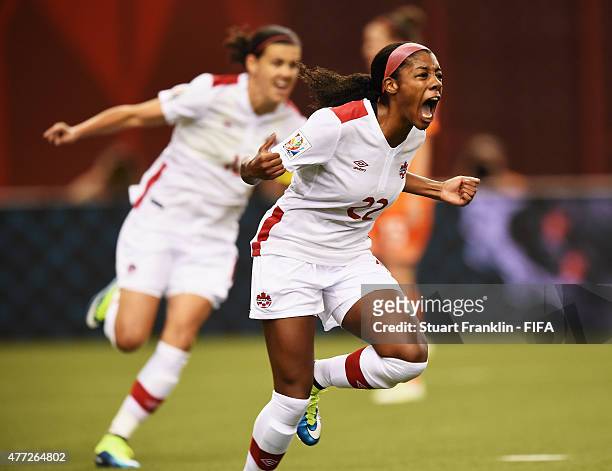 Ashley Lawrence of Canada celebrates scoring her goal during the FIFA Women's World Cup Group A match between Netherlands and Canada at Olympic...