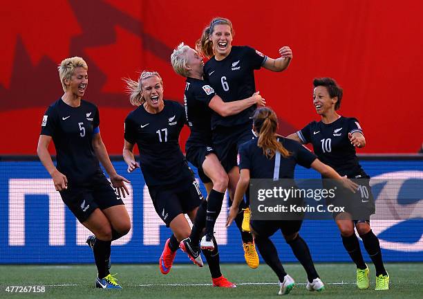 Rebekah Stott of New Zealand celebrates scoring the first goal against China PR during the FIFA Women's World Cup Canada 2015 Group A match between...