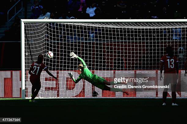 Lisi Wang of China PR scores their first goal from a penalty during the FIFA Women's World Cup Canada 2015 Group A match between China PR and New...