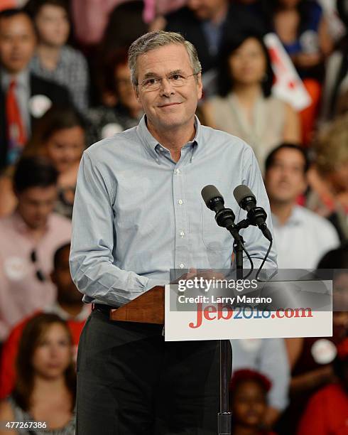 Former Florida Governor Jeb Bush announces his candidacy for the 2016 Republican Presidential nomination during a rally at Miami Dade College on June...