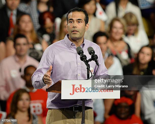 George P. Bush speaks to supporters before his father Former Florida Governor Jeb Bush announces his candidacy for the 2016 Republican Presidential...