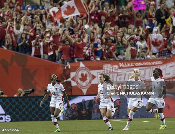 Canada's Ashley Lawrence celebrates scoring against the Netherland's with Allysha Chapman , Kaylyn Kyle and Kadeisha Buchanan during a 2015 FIFA...