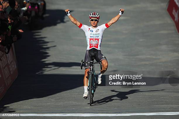 Michal Kwiatkowski of Poland and Omega Pharma-QuickStep crosses the finish line to win the 2014 Strade Bianchi from to San Gimignano to Siena ll...