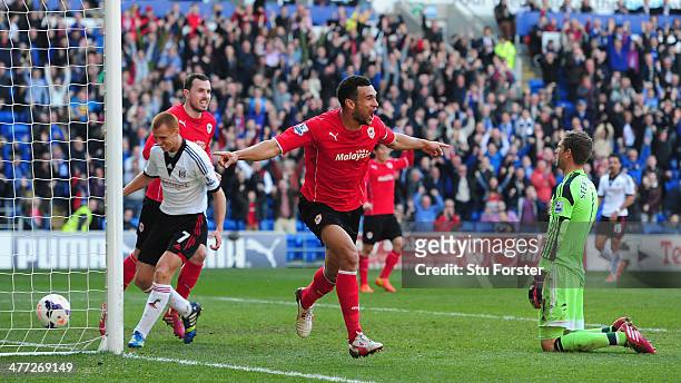 Cardiff City player Steven Caulker celebrates after scoring the opening goal during the Barclays Premier league match between Cardiff City and Fulham...
