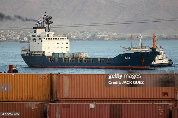 The Panamanian-flagged Klos-C is escorted into the southern Israeli port of Eilat by Israeli warships on March 8, 2014 after it was intercepted by...