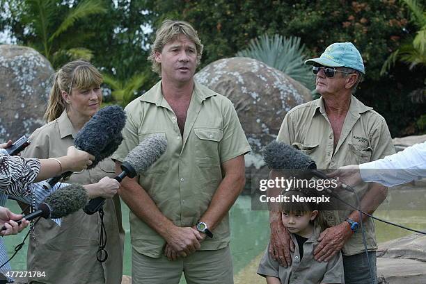 Steve Irwin with wife Terri, daughter Bindi & father gives a press conference outside his Australia Zoo at Beerwah on the Sunshine Coast defending...