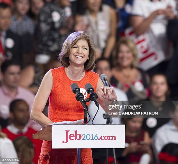 Helen Aguirre Ferré speaks to the crowd awaiting former Republican Governor of Florida Jeb Bush announces his candidacy for the 2016 Presidential...