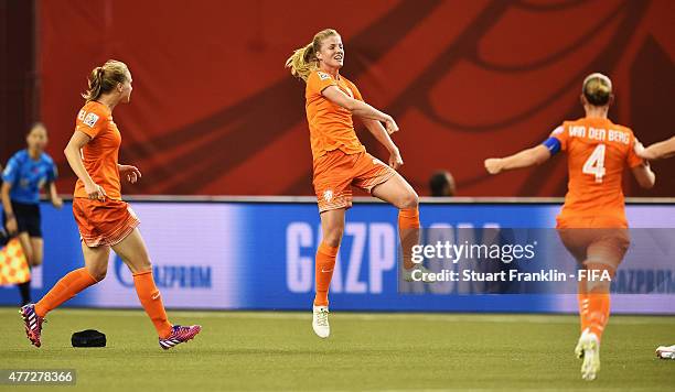 Kirsten Van De Ven of The Netherlands celebrates scoring her goal during the FIFA Women's World Cup Group A match between Netherlands and Canada at...