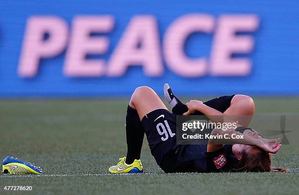 Annalie Longo of New Zealand reacts after their 2-2 tie with China PR in the FIFA Women's World Cup Canada 2015 Group A match between China PR and...