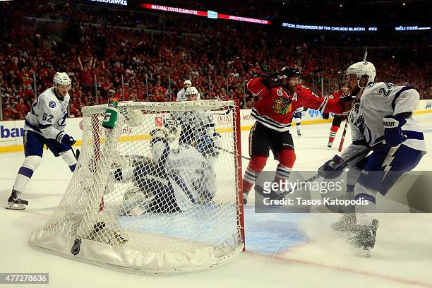 Duncan Keith of the Chicago Blackhawks scores a goal in the second period against Ben Bishop of the Tampa Bay Lightning during Game Six of the 2015...