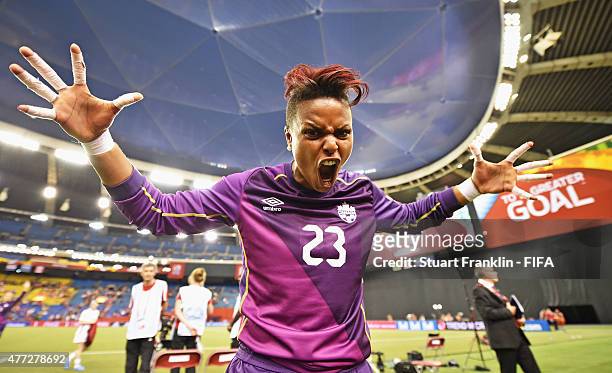 Karina LeBlanc of Canada celebrates at the end of the FIFA Women's World Cup Group A match between Netherlands and Canada at Olympic Stadium on June...