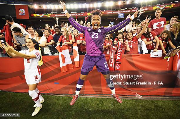 Karina LeBlanc of Canada celebrates with fans at the end of the FIFA Women's World Cup Group A match between Netherlands and Canada at Olympic...