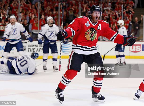 Duncan Keith of the Chicago Blackhawks celebrates after beating goaltender Ben Bishop of the Tampa Bay Lightning to score in the second period of...