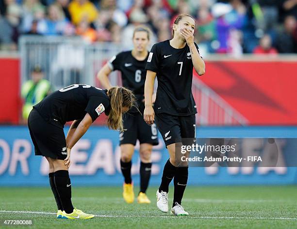 Ali Riley of New Zealand is dejected after the FIFA Women's World Cup 2015 Group A match between China PR and New Zealand at Winnipeg Stadium on June...