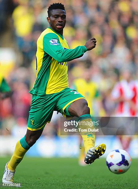 Joseph Yobo of Norwich City in action during the Barclays Premier League match between Norwich City and Stoke City at Carrow Road on March 08, 2014...