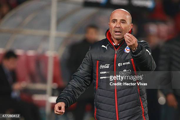 Jorge Sampaoli, coach of Chile, gestures during the 2015 Copa America Chile Group A match between Chile and Mexico at Nacional Stadium on June 15,...