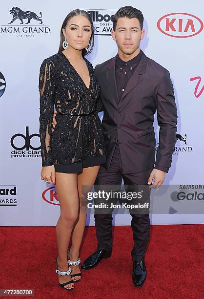 Olivia Culpo and Nick Jonas arrive at the 2015 Billboard Music Awards at MGM Garden Arena on May 17, 2015 in Las Vegas, Nevada.