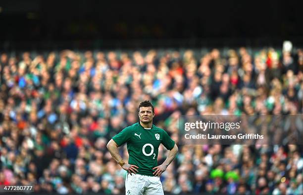 Brian O'Driscoll of Ireland looks on during the RBS Six Nations match between Ireland and Italy at Aviva Stadium on March 8, 2014 in Dublin, Ireland.