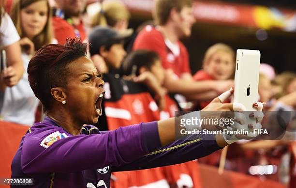 Karina LeBlanc of Canada celebrates with fans at the end of the FIFA Women's World Cup Group A match between Netherlands and Canada at Olympic...