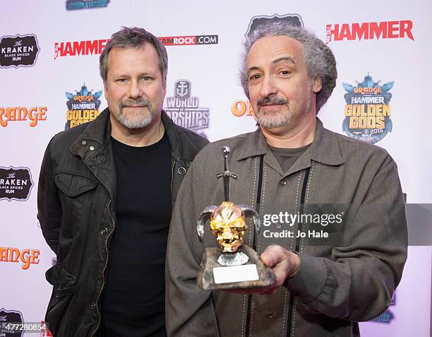 Billy Gould and Mike Bordin of Faith No More win Best Album Award at the Metal Hammer Golden God Awards at Indigo2 at The O2 Arena on June 15, 2015...