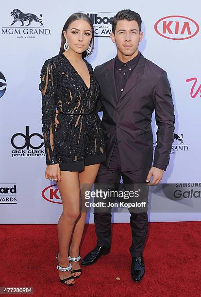Olivia Culpo and Nick Jonas arrive at the 2015 Billboard Music Awards at MGM Garden Arena on May 17, 2015 in Las Vegas, Nevada.