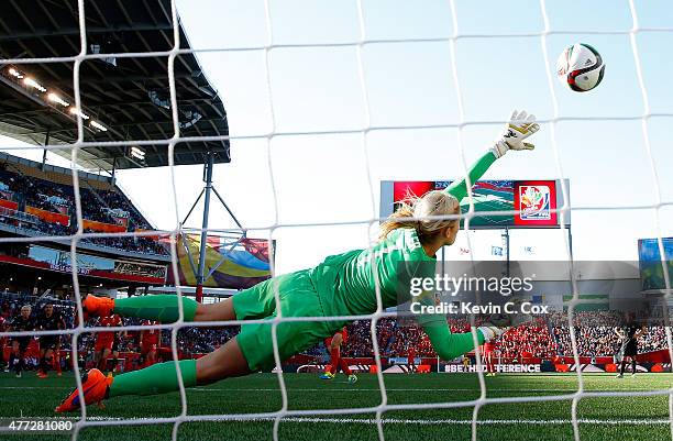 Goalkeeper Erin Nayler of New Zealand fails to stop this penalty kick goal by Wang Lisi of China PR during the FIFA Women's World Cup Canada 2015...