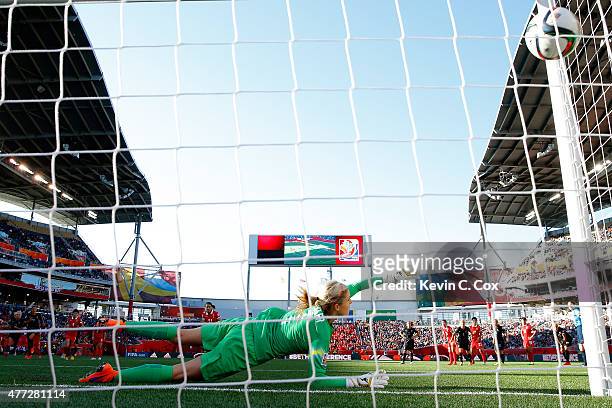 Goalkeeper Erin Nayler of New Zealand fails to stop this penalty kick goal by Wang Lisi of China PR during the FIFA Women's World Cup Canada 2015...