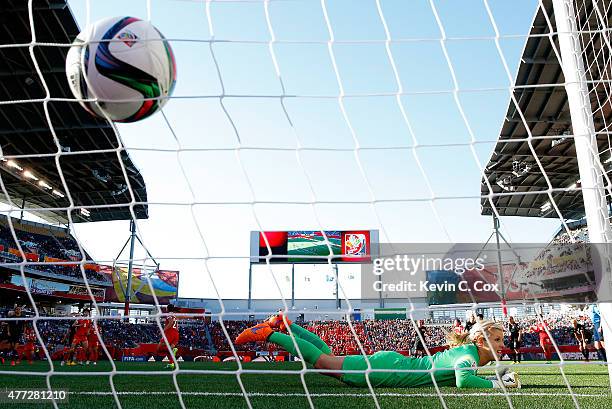 Goalkeeper Erin Nayler of New Zealand fails to stop this penalty kick goal by Wang Lisi of China PR during the FIFA Women's World Cup Canada 2015...