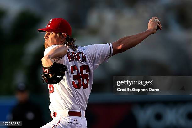 Jered Weaver of the Los Angeles Angels of Anaheim throws a pitch against the Arizona Diamondbacks at Angel Stadium of Anaheim on June 15, 2015 in...