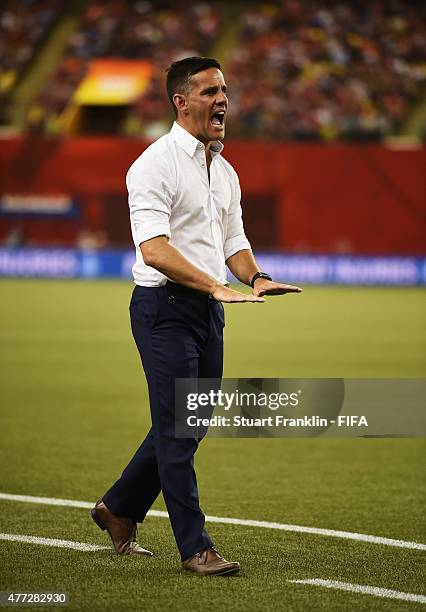 John Herdman, head coach of Canada shouts during the FIFA Women's World Cup Group A match between Netherlands and Canada at Olympic Stadium on June...