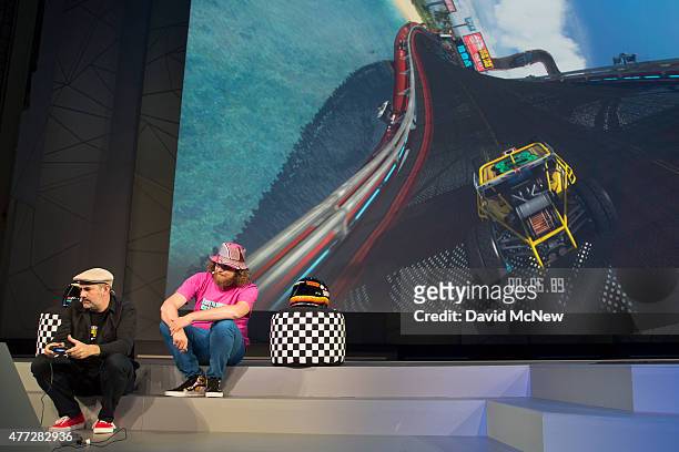 Editorial Vice President Tommy Francois and Creative Director Francois Alaux present Trackmania Turbo at the Ubisoft E3 1015 Conference on June 15,...