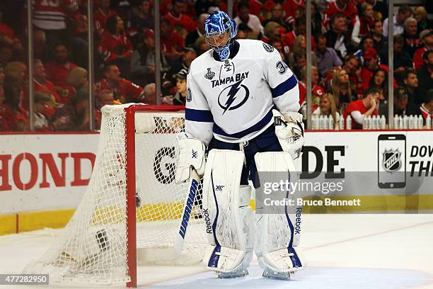 Ben Bishop of the Tampa Bay Lightning looks on in the third period against the Chicago Blackhawks during Game Six of the 2015 NHL Stanley Cup Final...